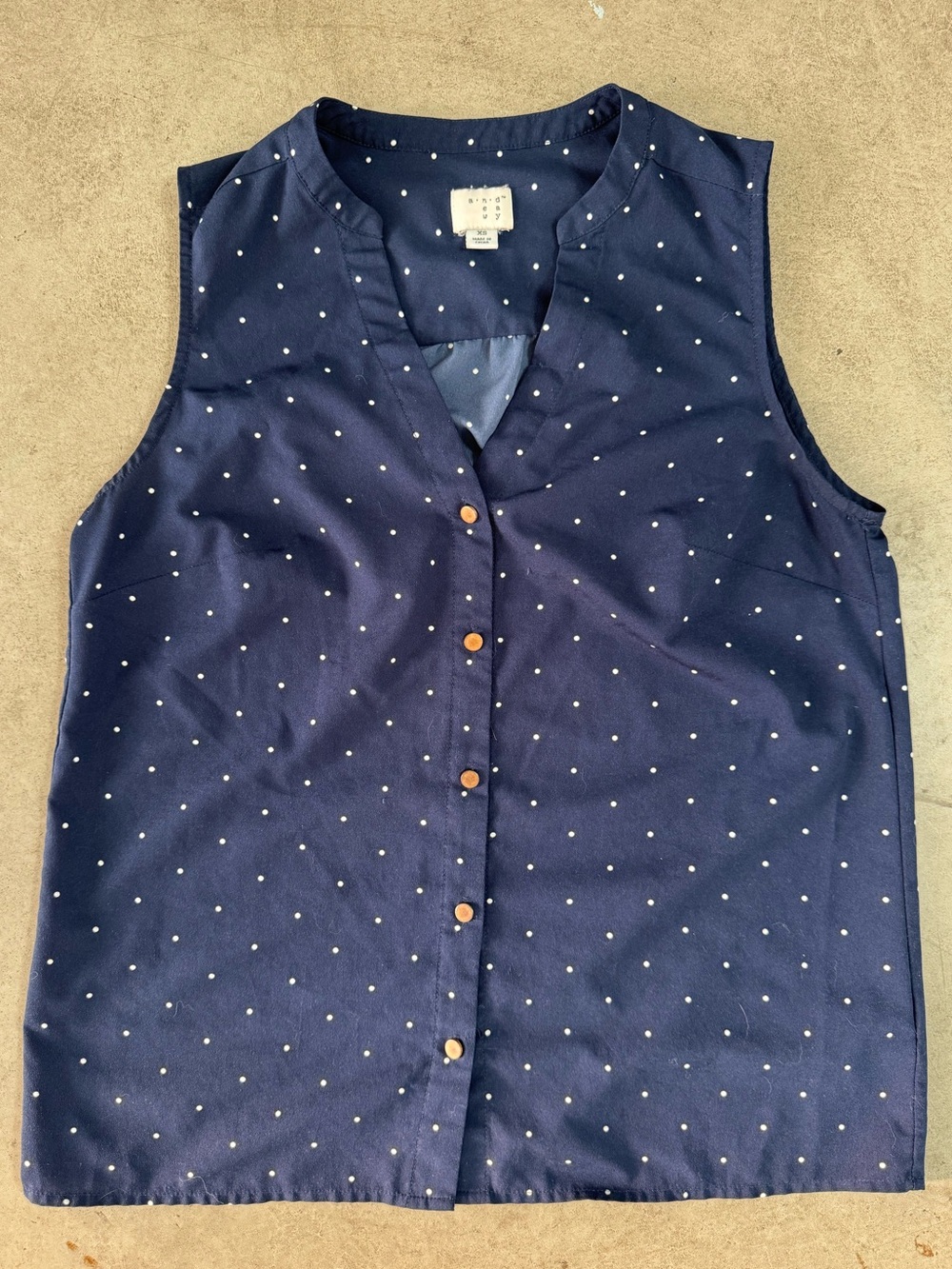 Navy Blue Sleeveless Polka Dot Button Front Blouse